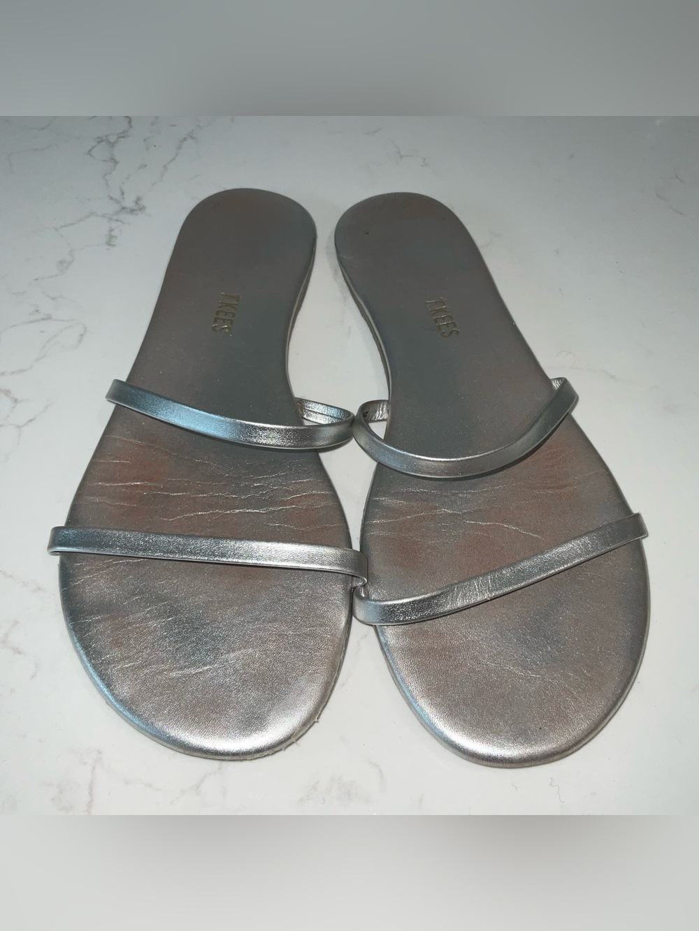 TKEES Silver Metallic Double-Strap Slide Sandals